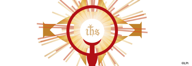 Graphic with golden rays and dark red circle with white circle and letter IHS at the center