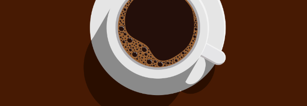 White coffee cup filled with black coffee against a dark brown background